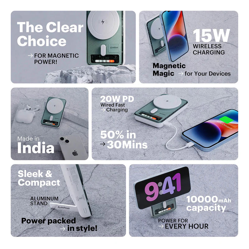 Stuffcool Lucid Plus 15W Magnetic Wireless 10000mAh Powerbank with stand for Airpods and iPhone